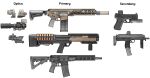  7n39 absurdres acog ammunition ar-15 bullpup commentary english_commentary eotech glock gun h&amp;k_mp7 handgun highres kel-tec_ksg no_humans original pump_action rifle scope shotgun shotgun_shell simple_background submachine_gun suppressor weapon 