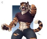 2024 5_fingers abs after_transformation anthro artist_logo artist_name biceps big_hands big_muscles biped black_lips bottomwear broad_shoulders brown_hair brown_nose brown_pawpads brown_stripes cheek_tuft claws clothing countershading crotch_tuft curled_fingers dipstick_tail ears_back facial_tuft fangs felid finger_claws fingers forearm_muscles fur hair hand_behind_head handpaw hi_res lips logo male mammal markings multicolored_body multicolored_fur muscular muscular_anthro muscular_male neck_tuft open_mouth orange_body orange_fur pantherine pants patreon pawpads paws pivoted_ears roaring shaded sharp_teeth shirt signature simple_background snout solo standing stocky striped_body striped_fur stripes t-shirt tail tail_markings tan_body tan_claws tan_fur teeth text thick_fingers thick_limbs tight_bottomwear tight_clothing tight_pants tongue topwear torn_bottomwear torn_clothing torn_pants torn_shirt torn_t-shirt torn_topwear triceps tuft two_tone_body two_tone_fur werecreature werefelid werepantherine weretiger white_eyes zibyr