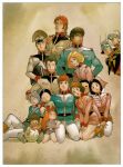  1980s_(style) 5girls 6+boys absurdres amuro_ray bag black_hair blonde_hair bright_noa brown_hair char_aznable child crowd earth_federation eye_mask fraw_bow garma_zabi gundam hair_ribbon haro hat hayato_kobayashi height_difference helmet highres kai_shiden katz_howan kikka_kitamoto kneeling letz_cofan manly mask matilda_ajan military military_uniform mirai_yashima mobile_suit_gundam multiple_boys multiple_girls non-web_source notebook official_art orange_hair pantyhose photobomb posing promotional_art purple_hair red_hair retro_artstyle ribbon robot ryu_jose sayla_mass scan science_fiction sideburns sitting sleggar_law traditional_media white_pantyhose yasuhiko_yoshikazu zeon 