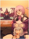  1girl alexis_(ssss.gridman) anti_(ssss.gridman) black_skirt bow commentary_request food headphones highres hitoto jacket lavender_hair monitor open_mouth pink-framed_eyewear pizza purple_bow purple_jacket red_eyes semi-rimless_eyewear shinjou_akane short_hair silver_hair sitting skirt sleeves_past_wrists ssss.gridman 