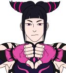  1girl archived_source artist_name black_hair black_straps blank_stare blunt_bangs breasts chinese_clothes commentary_request double_thumbs_down drill_hair dudou efd embroidery english_commentary fingerless_gloves gloves hair_horns hair_ornament han_juri highres korean_commentary mixed-language_commentary purple_eyes purple_gloves purple_wrist_cuffs sidelocks simple_background sleeveless spiked_wristband street_fighter street_fighter_iv_(series) thumbs_down twin_drills white_background wrist_cuffs 