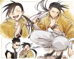  2boys baggy_pants black_hair black_shoes black_vest blush closed_eyes commentary flats frown full_body fullmetal_alchemist fur-trimmed_vest fur_trim furrowed_brow fuyukirita greed_(fma) hair_between_eyes holding holding_sword holding_weapon jacket ling_yao long_hair low_ponytail male_focus multiple_boys multiple_views one_eye_closed open_mouth over_shoulder pants ponytail shoes short_hair smile squatting sunglasses sweatdrop sword sword_over_shoulder symbol-only_commentary twitter_username upper_body vest weapon weapon_over_shoulder white_pants yellow_jacket 