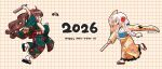  2026 2girls ahoge alternate_costume arm_up black_sandals blue_sash bow bow_print braid brown_eyes brown_hair brown_sandals carnation commentary_request curly_hair english_text face-to-face facepaint facial_mark floating_clothes floral_print flower flower_knot full_body fur_scarf green_kimono grid_background hagoita hair_bun hair_flower hair_ornament hair_over_shoulder hair_tie hane_(hanetsuki) hanetsuki happy_new_year haregi highres holding holding_paddle ink japanese_clothes jewelry kimono lace-trimmed_kimono lace_trim leg_up light_blush long_hair long_sleeves looking_at_another magia_record:_mahou_shoujo_madoka_magica_gaiden mahou_shoujo_madoka_magica momoe_nagisa momoe_nagisa_(haregi_costume) multiple_girls new_year obi official_alternate_costume official_style open_mouth paddle pink_bow pink_ribbon playing_games pointy_nose print_kimono red_flower red_sash ribbon ring rioran sandals sash satomi_touka scarf single_side_bun sleeves_past_wrists smile socks tabi twin_braids twitter_username very_long_hair waist_bow waist_ribbon wavy_hair whisker_markings white_hair white_socks wide_sleeves yellow_background yellow_kimono yellow_scarf zouri 