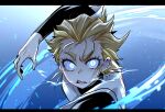  1boy arm_up baseball baseball_uniform blonde_hair blue_background blue_eyes breath commentary_request eyelashes glowing glowing_eyes hair_slicked_back letterboxed light_particles long_sleeves looking_at_viewer male_focus mima_shoma nanamatsu_kenji portrait sanpaku serious sharp_teeth shirt slit_pupils solo sportswear strikeout_pitch teeth throwing white_shirt 