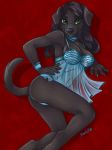  2018 anthro babydoll black_nose breasts canine caribou_(artist) clothed clothing digital_media_(artwork) dog female green_eyes lingerie mammal panties pinup pose red_background simple_background smile solo thong underwear 