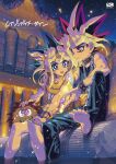  2boys :d ancient_egyptian_architecture ancient_egyptian_clothes architecture armlet bare_arms bare_shoulders barefoot belt_collar black_pants black_shirt blonde_streaks blue_eyes blue_gem blue_hair bracelet brick_wall bright_pupils broken_pillar chain chain_necklace collar commentary_request content_rating cover cover_page creature doujin_cover dual_persona duel_monster earrings embers eye_of_horus feet_out_of_frame gem gold_armlet gold_bracelet gold_choker gold_earrings gold_headband hair_jewelry hand_on_another's_head hand_on_another's_shoulder hand_on_own_knee hari_(quartzshow) jewelry knee_up kuriboh looking_ahead looking_at_another male_focus millennium_puzzle multicolored_hair multiple_boys muto_yugi necklace night on_pillar open_mouth pants parted_lips partially_submerged pillar purple_eyes red_eyes red_hair ruins running_bond selfcest shirt side-by-side sitting sky smile soaking_feet spiked_bracelet spikes star_(sky) star_(symbol) starry_sky talking teeth title toned toned_male tunic two-tone_hair upper_teeth_only usekh_collar water white_pupils white_tunic yami_yugi yaoi yu-gi-oh! 