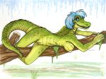  2018 5_fingers alligator anthro blue_eyes blue_hair breasts caribou_(artist) crocodilian female hair looking_at_viewer nipples nude pussy reptile scalie solo teeth 