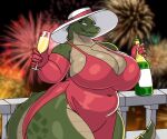 alcohol anthro armwear belly beverage big_breasts breasts champagne champagne_bottle champagne_glass cleavage clothed clothing container crocodilian cup dress drinking_glass elbow_gloves female fireworks glass glass_container glass_cup gloves green_body green_scales handwear hat headgear headwear hi_res huge_breasts huge_thighs night non-mammal_breasts overweight overweight_anthro overweight_female red_armwear red_clothing red_dress red_elbow_gloves red_gloves red_handwear reptile scales scalie smile solo spoldier sun_hat tail thick_tail thick_thighs voluptuous_anthro voluptuous_female