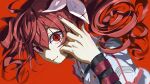  1girl commentary_request hand_up highres kasane_teto kasane_teto_(sv) long_sleeves looking_at_viewer looking_to_the_side nail_polish red_background red_eyes red_nails solo synthesizer_v utau wawasuke 