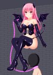  bondage boots bound breasts commentary_request demon_girl elbow_gloves enu_naitsu gloves high_heel_boots high_heels large_breasts latex long_hair pink_hair sadism shiny succubus thigh_boots thighhighs 
