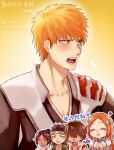  1046sstep_btoh 2girls 3boys bleach bleach:_sennen_kessen-hen breasts brown_eyes chibi cleavage cleavage_cutout cloak closed_eyes clothing_cutout commentary_request dark-skinned_female dark_skin facial_hair goatee green_headband hair_over_eyes headband highres inoue_orihime jewelry kurosaki_ichigo large_breasts multiple_boys multiple_girls necklace open_mouth orange_eyes orange_hair ponytail sado_yasutora shiba_ganju shihakusho shihouin_yoruichi shoulder_pads smile translation_request vest white_cloak white_vest 