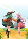  blue_sky boots brick_road day field flower flower_field fox_mask frilled_sleeves frills green_hair green_skirt hat hata_no_kokoro heart heart_of_string highres komeiji_koishi long_hair mask miniskirt multiple_girls outdoors pink_footwear pink_hair pink_skirt plaid plaid_shirt rainbow shirt skipping skirt sky sleeves_past_fingers sleeves_past_wrists terrajin third_eye touhou wide_sleeves yellow_shirt 