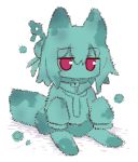  animal_ears bangs bell eyebrows_visible_through_hair fox_ears fox_girl fox_tail full_body green hair_between_eyes hair_bun hair_ornament jingle_bell kemomimi-chan_(naga_u) long_sleeves looking_at_viewer naga_u original red_eyes shadow shirt sitting sleeves_past_fingers sleeves_past_wrists solo tail white_background 