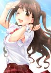  ;d armpit_peek bra breasts brown_eyes brown_hair dress_shirt highres idolmaster idolmaster_cinderella_girls long_hair looking_at_viewer medium_breasts one_eye_closed open_mouth sakura_(k_tonpu) school_uniform shimamura_uzuki shirt side_ponytail smile underwear watch wristwatch 