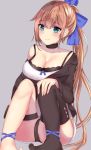  asymmetrical_legwear bangs black_choker blue_bow blue_eyes blush bow breasts brown_jacket brown_legwear brown_panties choker cleavage closed_mouth collarbone commentary dress eyebrows_visible_through_hair fal_(girls_frontline) fingernails girls_frontline grey_background hair_between_eyes hair_bow hand_on_own_knee head_tilt highres houraku jacket large_breasts light_brown_hair long_hair long_sleeves looking_at_viewer off_shoulder open_clothes open_jacket panties side_ponytail sidelocks simple_background single_thighhigh sleeveless sleeveless_dress smile solo thigh_strap thighhighs underwear very_long_hair white_dress 