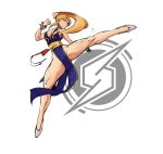  1girl alternate_costume blonde_hair blue_dress blue_eyes bracelet breasts capcom china_dress chinese_clothes chun-li chun-li_(cosplay) cleavage commentary_request cosplay demx_hax dress emblem fighting_stance high_kick jewelry kicking long_hair metroid nintendo ponytail samus_aran sleeveless sleeveless_dress solo spiked_bracelet spikes street_fighter street_fighter_v super_smash_bros. super_smash_bros._ultimate thick_thighs thighs toned twitter white_background 