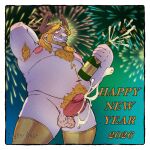 alcohol anthro asgore_dreemurr balls beard beverage blonde_hair bodily_fluids body_hair boss_monster_(undertale) bovid breasts caprine champagne clothed clothing cum_explosion digital_media_(artwork) drunk ejaculation erection facial_hair fur genital_fluids genitals goat gold_stockings hair hairy_balls hi_res horn humanoid_genitalia humanoid_penis inverted_nipples male mammal mature_male new_year_2026 nipples nude overweight overweight_male penis pubes ryonane smile solo substance_intoxication text undertale undertale_(series) white_body white_fur