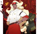  +++ 1boy 1girl ;d abstract_background back-to-back bad_id bad_twitter_id belt black_background black_dress blonde_hair blush_stickers bright_pupils brown_belt brown_gloves brown_hair brown_horns butter_roll_cookie buttons clenched_teeth cookie_run cookie_run:_kingdom cowboy_shot dark-skinned_female dark-skinned_male dark_skin double-breasted dress gloves goggles goggles_on_head gradient_background hand_on_own_chin hand_on_own_hip hand_up highres horns humanization jacket long_hair long_sleeves looking_at_viewer matcha_cookie ohta_guk_hip one_eye_closed open_mouth outline outside_border pillarboxed profile red-tinted_eyewear red_background red_outline red_skirt sideways_mouth single_blush_sticker single_glove skirt sleeves_past_fingers sleeves_past_wrists smile standing studded_belt sweatdrop teeth three-quarter_sleeves tinted_eyewear tongue two-tone_background upper_teeth_only v-shaped_eyebrows very_long_hair watch white_jacket white_pupils wide_sleeves wristwatch yellow_eyes 