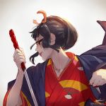  artist_name backlighting black_hair brown_eyes dual_wielding eboshi haori highres holding holding_sword holding_weapon japanese_clothes katana kimono lips mononoke_hime parted_lips profile red_kimono reverse_grip sidelocks signature simple_background solo sword takami_masahiro upper_body watermark weapon web_address 