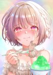  1girl :t absurdres asaba_touka bare_shoulders blonde_hair blunt_bangs blurry blurry_background blush braid brain_freeze breasts choker cleavage closed_mouth collarbone commentary_request depth_of_field eating eyelashes eyes_visible_through_hair food frilled_shirt frills furrowed_brow glint hand_on_own_cheek hand_on_own_face hands_up heaven_burns_red highres holding holding_spoon looking_at_viewer off-shoulder_shirt off_shoulder ooshima_muua red_eyes shaved_ice shirt short_hair side_braids sidelighting simple_background skirt smile solo spaghetti_strap spoon sweatdrop tareme twin_braids upper_body white_choker white_skirt white_wrist_cuffs wrist_cuffs 