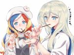  bangs black_bow blue_eyes blue_hair blue_scarf bow commandant_teste_(kantai_collection) eating food hair_between_eyes hat kantai_collection long_sleeves looking_at_watch mole mole_under_eye mole_under_mouth multicolored_hair multiple_girls pocky pocky_day red_hair richelieu_(kantai_collection) scarf shingyo smile sweater swept_bangs watch white_hair white_hat white_sweater wristwatch 