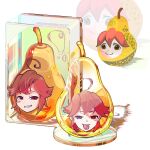  1girl ahoge blush_stickers food fruit grin kasane_teto looking_at_viewer mikuandchee multiple_views pear pearto red_eyes red_hair simple_background smile tongue tongue_out utau white_background 