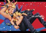  2boys arm_up armpits bare_arms bare_shoulders barefoot belt belt_collar black_belt black_collar black_pants black_shirt black_shoes blonde_streaks blue_eyes blue_hair bright_pupils closed_mouth collar colored_shadow comiket_91 commentary_request content_rating cover cover_page doujin_cover dual_persona duel_monster full_body furrowed_brow hand_on_own_head hari_(quartzshow) knees_up kuriboh letterboxed lying lying_on_person male_focus multiple_boys muto_yugi on_stomach one_eye_closed outside_border pants parted_lips pleading_eyes purple_eyes red_background red_hair selfcest shadow shirt shoes short_hair sleeveless sleeveless_shirt spiked_bra spiked_hair star_(symbol) star_symbol_background toned toned_male white_pupils yami_yugi yaoi yu-gi-oh! 