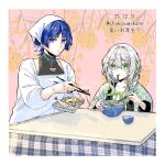  1boy 1girl alternate_costume alternate_hairstyle apron asymmetrical_sidelocks black_bodysuit blunt_ends bodysuit bow_(weapon) braid chopsticks closed_mouth collarbone colored_eyelashes commentary_request covered_collarbone cross-shaped_pupils cucumber cucumber_slice dated eating fingernails floral_background floral_print flower food furrowed_brow genshin_impact giving green_eyes green_hair green_haori green_pupils green_ribbon green_sleeves hair_between_eyes hair_intakes hair_over_shoulder hands_up haori highres holding holding_bow_(weapon) holding_chopsticks holding_tray holding_weapon japanese_clothes kappougi kotatsu long_braid long_sleeves looking_at_another mandarin_collar multicolored_hair mushroom nahida_(genshin_impact) noodles pink_background pointy_ears purple_eyes purple_hair ribbon ribbon-trimmed_shirt ribbon_trim scaramouche_(genshin_impact) shimizumikann shirt shoulder_peek sidelocks single_braid streaked_hair symbol-shaped_pupils table tempura tenugui translation_request tray tsurime twitter_username undershirt wanderer_(genshin_impact) weapon white_hair white_shirt white_sleeves yellow_flower 