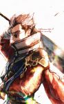  1boy akatamanegi_ill arm_out_of_sleeve armor auron black_hair bluesky_username breasts commentary_request covered_mouth facial_hair final_fantasy final_fantasy_x furrowed_brow grey_hair hair_slicked_back highres holding holding_sword holding_weapon japanese_clothes male_focus mature_male multicolored_hair mustache_stubble over_shoulder short_hair shoulder_armor sideboob solo streaked_hair stubble sunglasses sword sword_over_shoulder twitter_username upper_body weapon weapon_over_shoulder white_background 