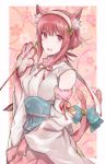  aiueo1234853 animal_ears bell blue_bow bow cat_ears cat_tail commentary_request elbow_gloves fake_animal_ears fake_tail fire_emblem fire_emblem_heroes fire_emblem_if fur_trim gloves hairband halloween_costume japanese_clothes parted_lips pink_eyes pink_hair sakura_(fire_emblem_if) short_hair sleeveless solo tail 