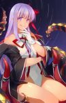  bb_(fate)_(all) bb_(swimsuit_mooncancer)_(fate) black_coat fate/grand_order fate_(series) gloves leotard long_hair looking_at_viewer muki_(mayuiki) night night_sky popped_collar purple_eyes purple_hair red_ribbon ribbon sitting sky solo tan tentacles tongue tongue_out white_gloves white_leotard 