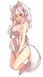  animal_ears animated apron apron_tug blush breasts cleavage embarrassed eyebrows fang full_body hair_between_eyes kneeling long_hair maid_apron medium_breasts mesme naked_apron navel nose_blush open_mouth original pink_eyes sideboob simple_background solo sweat tail translation_request white_apron white_background white_hair wolf_ears wolf_tail 