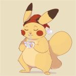  2018 beverage christmas coffee cup detective_pikachu dexholder digital_media_(artwork) dipstick_ears english_text eyes_closed fur hat holding_cup holidays nintendo pikachu pok&eacute;mon pok&eacute;mon:_detective_pikachu pok&eacute;mon_(species) red_cheeks relaxing santa_hat simple_background smile solo standing steam tan_background text video_games watermark yellow_fur 