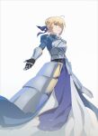  1girl ahoge armor artoria_pendragon_(fate) blonde_hair blue_dress blue_ribbon breastplate commentary dress english_commentary fate/stay_night fate_(series) gauntlets green_eyes hair_ribbon highres ribbon saber_(fate) simple_background smile solo thorn_(kmconceptart) 