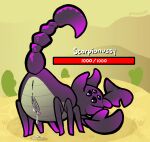 4_eyes anus arachnid arthropod black_eyes bodily_fluids butt cactus claws desert digital_media_(artwork) dripping_vulva exoskeleton female feral gameplay_mechanics genital_fluids genitals glistening glistening_eyes gui health_bar hi_res horn looking_at_viewer looking_back megabonk multi_eye pincoosh plant presenting presenting_hindquarters presenting_vulva purple_body raised_tail rear_view scorpion scorpionussy signature solo tail vaginal_fluids vulva