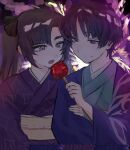  1boy 1girl alternate_costume asymmetrical_bangs black_bow blue_haori blue_kimono blunt_bangs blunt_ends bow candy_apple clenched_hand closed_mouth commentary commission curtained_hair english_commentary eyelashes feeding fingernails fireworks food friesnbrewski genshin_impact hair_between_eyes hair_bow hair_intakes hand_on_another's_arm hand_up haori hetero highres holding holding_candy_apple holding_food japanese_clothes kimono long_hair looking_at_food mona_(genshin_impact) obi obiage obijime open_mouth parted_bangs purple_eyes purple_hair purple_kimono sash scaramouche_(genshin_impact) second-party_source sidelocks smile teeth tsurime twintails upper_teeth_only wispy_bangs yukata 