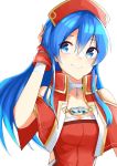  blue_eyes blue_hair capelet closed_mouth commentary_request fire_emblem fire_emblem:_fuuin_no_tsurugi hand_in_hair hat highres lilina long_hair red_hat simple_background smile solo tpicm upper_body white_background 