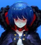  1girl blue_hair ciel_(tsukihime) cloak expressionless facing_viewer fur-trimmed_cloak fur_trim looking_at_viewer michael_roa_valdamjong naked_cloak oakiee partially_shaded_face possessed profile red_eyes roa-ciel short_hair standing tsukihime tsukihime_(remake) vampire 