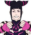  1girl archived_source artist_name black_hair black_straps blunt_bangs breasts chinese_clothes commentary_request double_thumbs_down drill_hair dudou efd embroidery english_commentary fingerless_gloves gloves hair_horns hair_ornament han_juri highres korean_commentary mixed-language_commentary purple_eyes purple_gloves purple_wrist_cuffs raised_eyebrows sidelocks simple_background sleeveless smile spiked_wristband street_fighter street_fighter_iv_(series) thumbs_down twin_drills variant_set white_background wrist_cuffs 