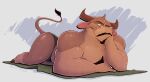 aberdeen_(westhoff) alex_henderson anthro barazoku beard body_hair bovid bovine butt cattle chest_hair clothed clothing daydream facial_hair full-length_portrait head_on_hand hi_res hooved_toes hooves horn legs_together looking_up lying male mammal muscular muscular_male mustache on_front on_towel pecs portrait solo speedo speedo_only swimwear tail topless towel trans_(lore) trans_man_(lore)