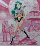  1girl 3boys aqua_hair armor barbarella barbarella_(cosplay) barbarella_(movie) bikini_armor black_panties blue_eyes boobplate boots breasts closed_mouth commentary_request cosplay energy_gun genji_tsuushin_agedama grey_boots hand_up high_heel_boots high_heels highres holding kuki_rei long_hair medium_breasts midriff mizutani_kenta moon multiple_boys multiple_moons navel outdoors panties pink_background poster_parody retrofuturism rock rocket_ship satou_(agedama) science_fiction smile solo_focus spacecraft standing suit sunglasses suzuki_(agedama) tanaka_(agedama) thighs traditional_media two-handed underwear weapon 