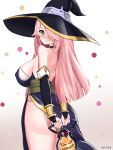  artist_name ass bare_shoulders black_choker black_hair blush breasts check_character choker epic7 green_eyes hair_over_one_eye hat highres lantern large_breasts long_hair looking_back one_eye_covered pink_hair serila_(epic7) simple_background smile solo standing very_long_hair witch_hat yunjoos 