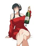  1girl 2026 alcohol artist_logo artist_name bare_legs bare_shoulders black_hair blush bottle breasts champagne collarbone commentary crossed_legs dress earrings english_commentary gold_earrings hair_between_eyes hair_bun hairband happy_new_year holding holding_bottle jewelry jk_arts large_breasts logo looking_at_viewer off-shoulder_sweater off_shoulder red_eyes red_sweater ribbed_sweater short_hair_with_long_locks sidelocks sitting sleeves_past_wrists smile solo spy_x_family sweater sweater_dress thighs twitter_username white_background white_hairband yor_briar 