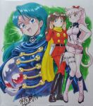  3girls aiguillette animal_ear_fluff animal_ears aqua_eyes aqua_hair belt black_belt black_boots black_cape black_helmet black_shirt blue_eyes body_fur boots bow breasts brown_hair cape cat_ears cat_girl cat_tail closed_mouth colored_skin commentary_request cosplay cosplay_request crossover cyborg_009 dated dress energy_gun genji_tsuushin_agedama gloves green_eyes gun hair_bow hand_on_own_hip hands_up heike_ibuki helmet high_heels highres holding holding_gun holding_unworn_helmet holding_weapon holster holstered impossible_clothes impossible_dress kuki_rei long_hair looking_at_viewer medium_breasts miiya_miiya mizutani_kenta multiple_girls open_mouth pants pink_belt pink_boots pink_dress pink_fur pink_hair pink_skin ponytail red_bow red_pants red_shirt rpg_densetsu_hepoi scarf shimamura_joe shimamura_joe_(cosplay) shirt short_dress signature skull_and_crossbones skull_man_(manga) skull_man_(manga_character) skull_man_(manga_character)_(cosplay) sleeveless sleeveless_dress smile standing strapless strapless_dress tail thigh_strap traditional_media tube_dress unworn_headwear unworn_helmet weapon white_gloves yellow_scarf 