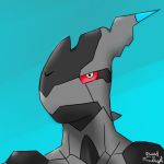  2018 ambiguous_gender anthro based_on_a_true_bagel black_body blue_background bust_portrait dragon grey_body grey_eyes icon legendary_pok&eacute;mon nintendo pok&eacute;mon pok&eacute;mon_(species) portrait red_sclera signature simple_background solo text video_games zekrom 