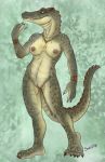  2018 5_toes alligator anthro breasts caribou_(artist) crocodilian digital_media_(artwork) female navel nipples nude pussy reptile scalie solo standing toes yellow_eyes 