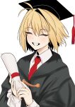  1girl :d ahoge arcueid_brunestud black_hat black_robe blonde_hair blush closed_eyes collared_shirt commentary_request delet_er9761 diploma graduation grin hair_intakes hat highres holding holding_diploma mortarboard necktie robe scroll shirt short_hair sidelocks smile tsukihime tsukihime_(remake) upper_body white_background wide_sleeves 