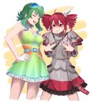  belt blue-tinted_eyewear breast_envy breasts cleavage commentary d_h_giang dress drill_hair english_commentary frilled_dress frills gloves goggles goggles_on_head green_dress green_hair green_skirt grey_jacket gumi gumi_(sv) highres jacket kasane_teto kasane_teto_(sv) musical_staff musical_staff_print pinstripe_dress pinstripe_pattern red_eyes red_hair red_nails red_trim ribbon short_hair short_hair_with_long_locks shoulder_belt shoulder_boards skirt synthesizer_v tinted_eyewear twin_drills utau vocaloid white_gloves white_ribbon 