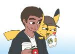  2018 beverage brown_hair clothed clothing coffee cup detective_pikachu digital_drawing_(artwork) digital_media_(artwork) dipstick_ears duo fur gradient_background hair hat hi_res holding_cup human male mammal nintendo on_shoulder open_jacket pikachu pok&eacute;mon pok&eacute;mon:_detective_pikachu pok&eacute;mon_(species) primarina raised_eyebrow red_cheeks short_hair simple_background smile smirk starbucks tim_goodman video_games yellow_fur zanefir-dran 