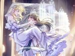  2girls bang_dream! bang_dream!_it's_mygo!!!!! black_hair blonde_hair blue_necktie blue_vest bridal_gauntlets bridal_veil carrying carrying_person chinese_commentary commentary_request detached_sleeves dress floating_hair gloves green_eyes hand_on_another's_cheek hand_on_another's_face hero45439083942 highres indoors jacket jewelry long_hair multiple_girls necktie original ring strapless strapless_dress togawa_hazuki veil vest wedding_dress wedding_ring white_dress white_gloves white_jacket wife_and_wife yahata_riko yellow_eyes yuri 